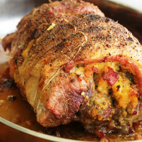 Pork Roulade With Andouille Corn Bread Stuffing, Sage Jus, And Mango